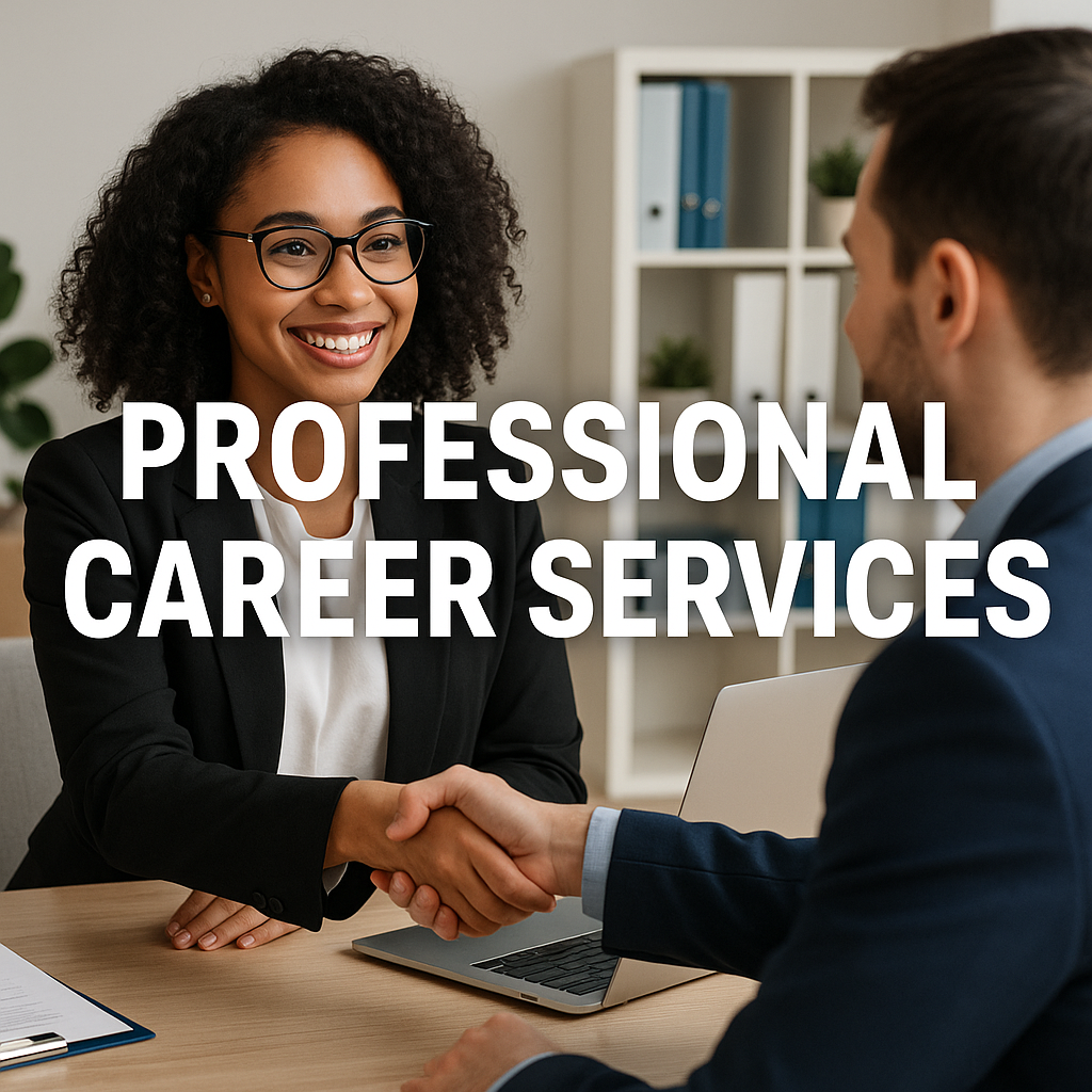 A smiling career consultant shaking hands with a client during a meeting, representing professional career services in a modern office setting.