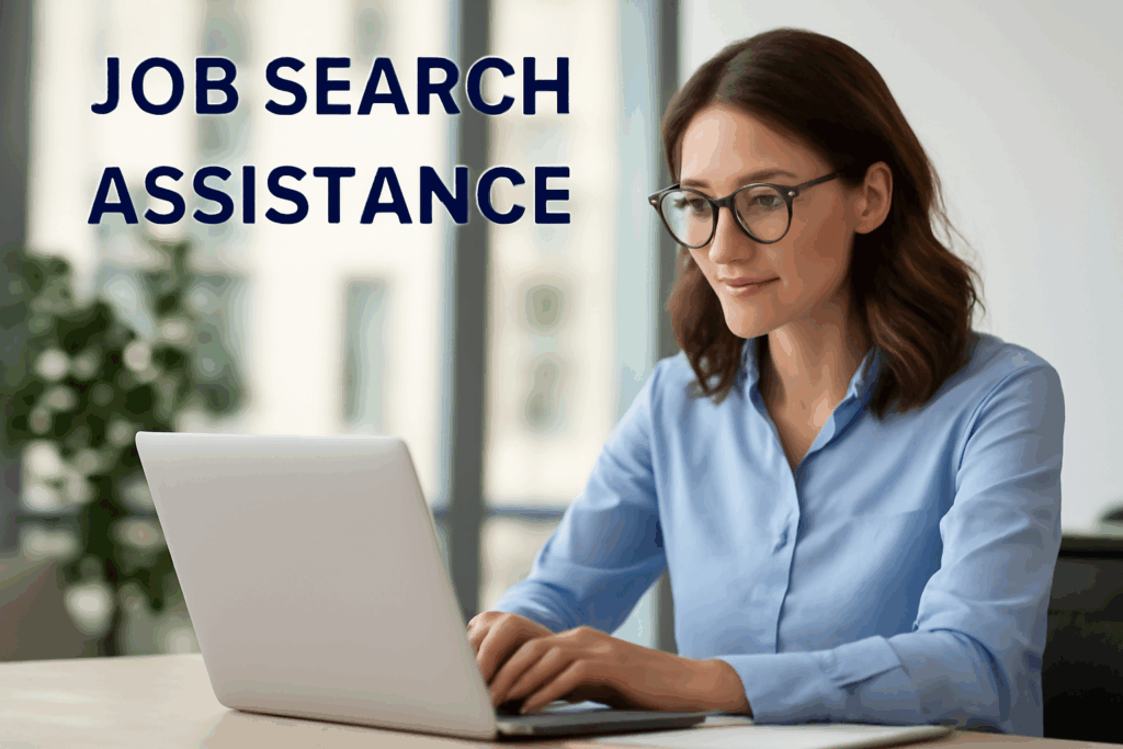 Job Search Assistance - Woman Using Laptop for Job Search in Modern Office