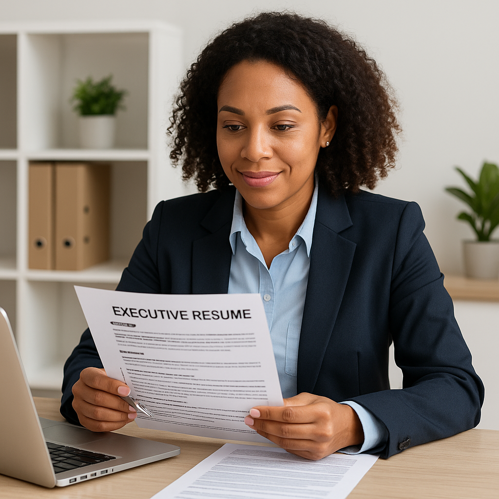Professional woman reviewing executive resume — executive resume writing services
