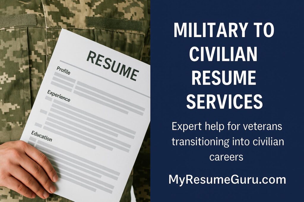 Military to Civilian Resume Services promotional image showing a veteran holding a resume with branding from MyResumeGuru.com