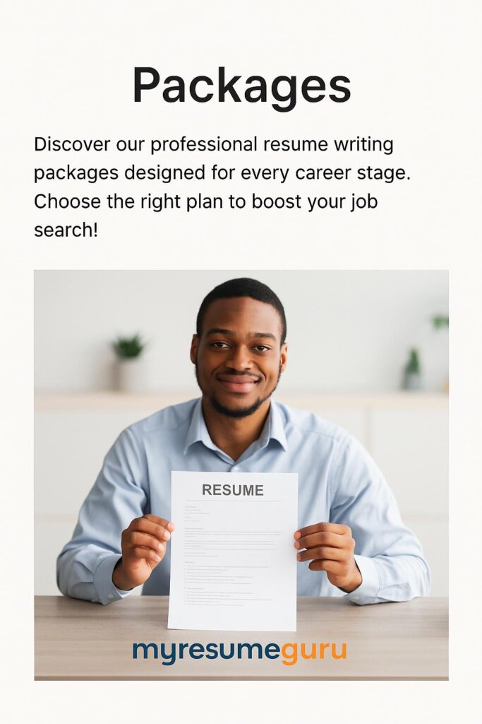 Professional resume writing packages visual featuring a smiling job seeker holding a resume with MyResumeGuru branding