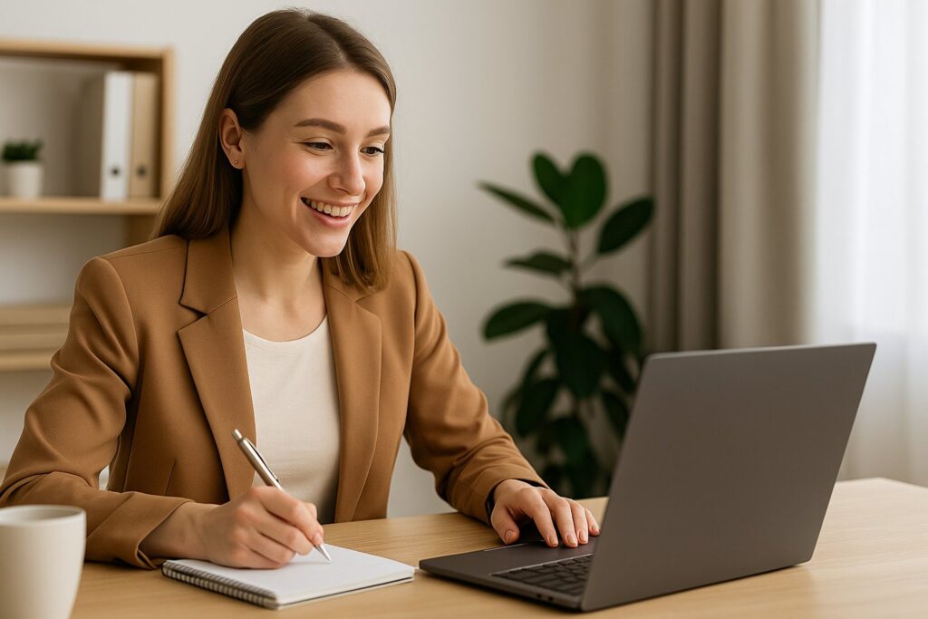 Professional woman applying 10 Tips to Prepare for Job Interviews and Land Your Dream Job by taking notes during a virtual coaching session